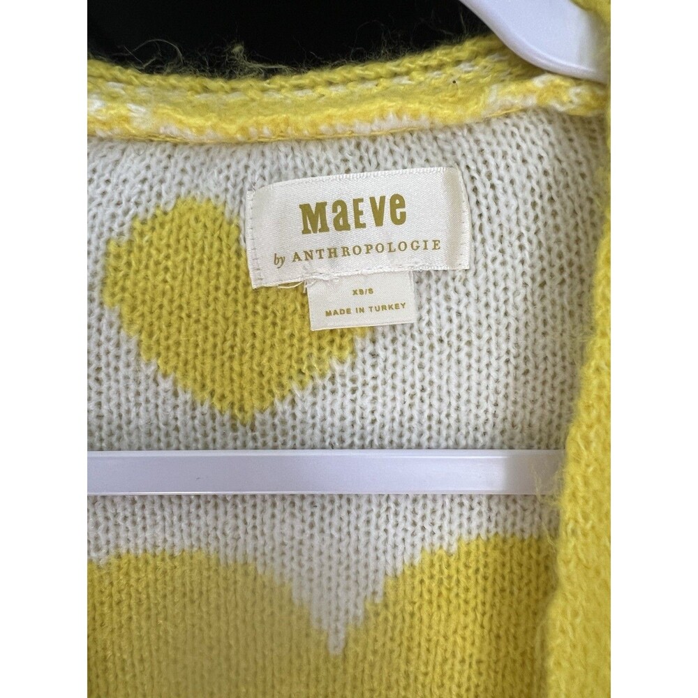 Maeve Anthropologie Heart Cardigan Yellow White Open Front XS S Oversized trendy
